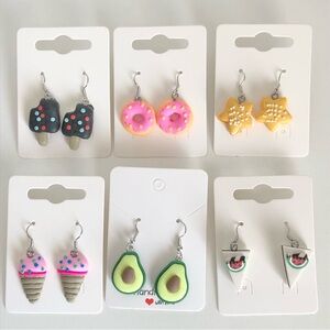 New Set of 6 Pairs of Polymer Clay Mini Food Earrings Unique Party Teen Gifts